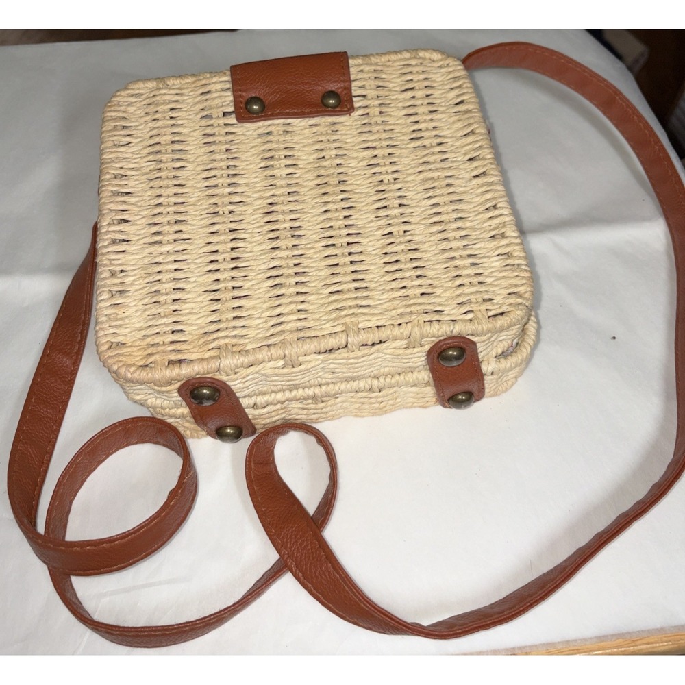 Hoxis Retro Straw Portable Small Box Woven Women's Adj. Cross Body Bag Shoulder - Picture 2 of 3